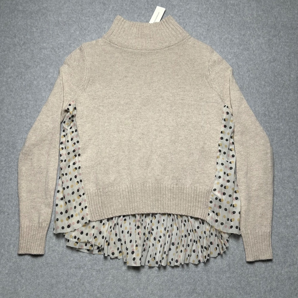Anthropologie Moth Ivory Layered Mixed Media Polka Dot Pleated Sweater Small NWT